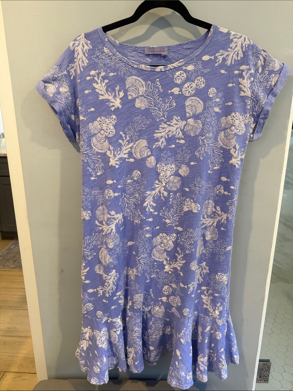 fresh produce purple blue hydrangea colored  Shell Print Ruffle-Hem Dress
